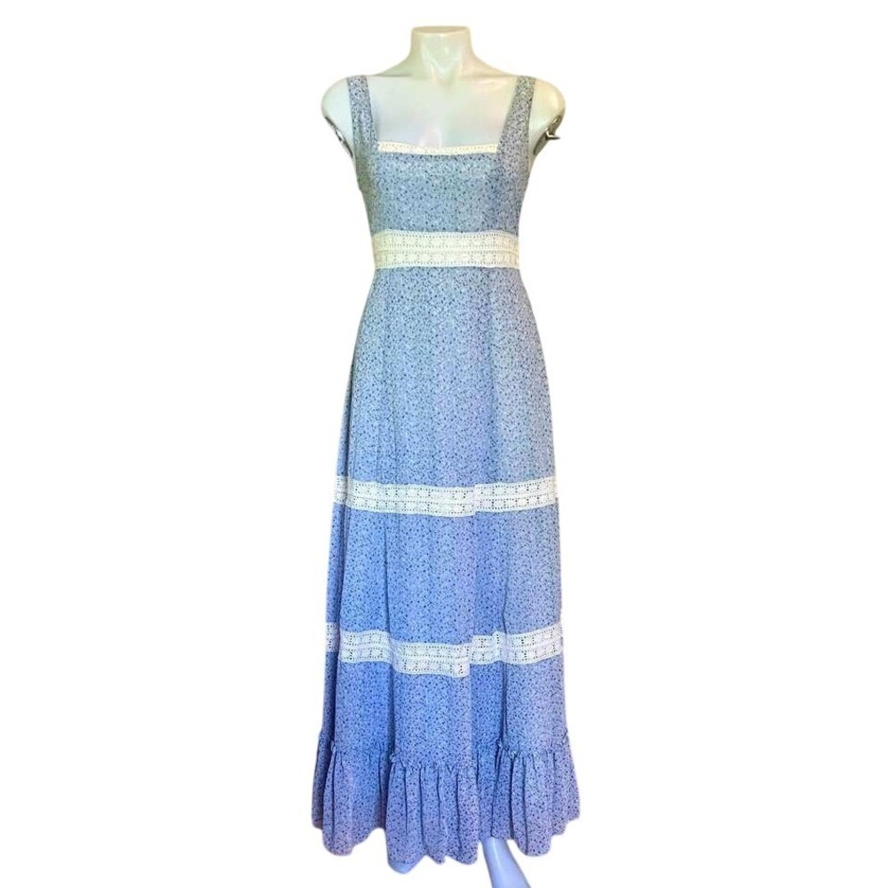 Ivy Floral Maxi‎ Dress Womens Petite Blue Crochet Lace Tiered Cottagecore Prarie
